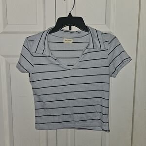Free Kisses Pale Blue & Black Striped Collared Crop Top